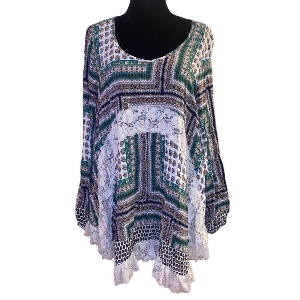 Entro  Boho Color Block Long Sleeve Tunic with Lace Sz M
